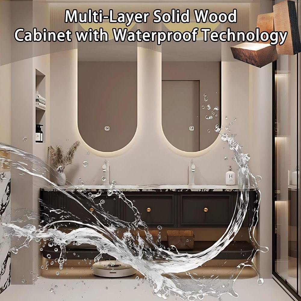 60IN Double Sink Bathroom Vanity - Floating Bathroom Vanity with 2 Smart Defogger Mirror, One-Touch Defog & Lighting, Sink Cabinet with 3 Drawers & Open Storage Space, White
