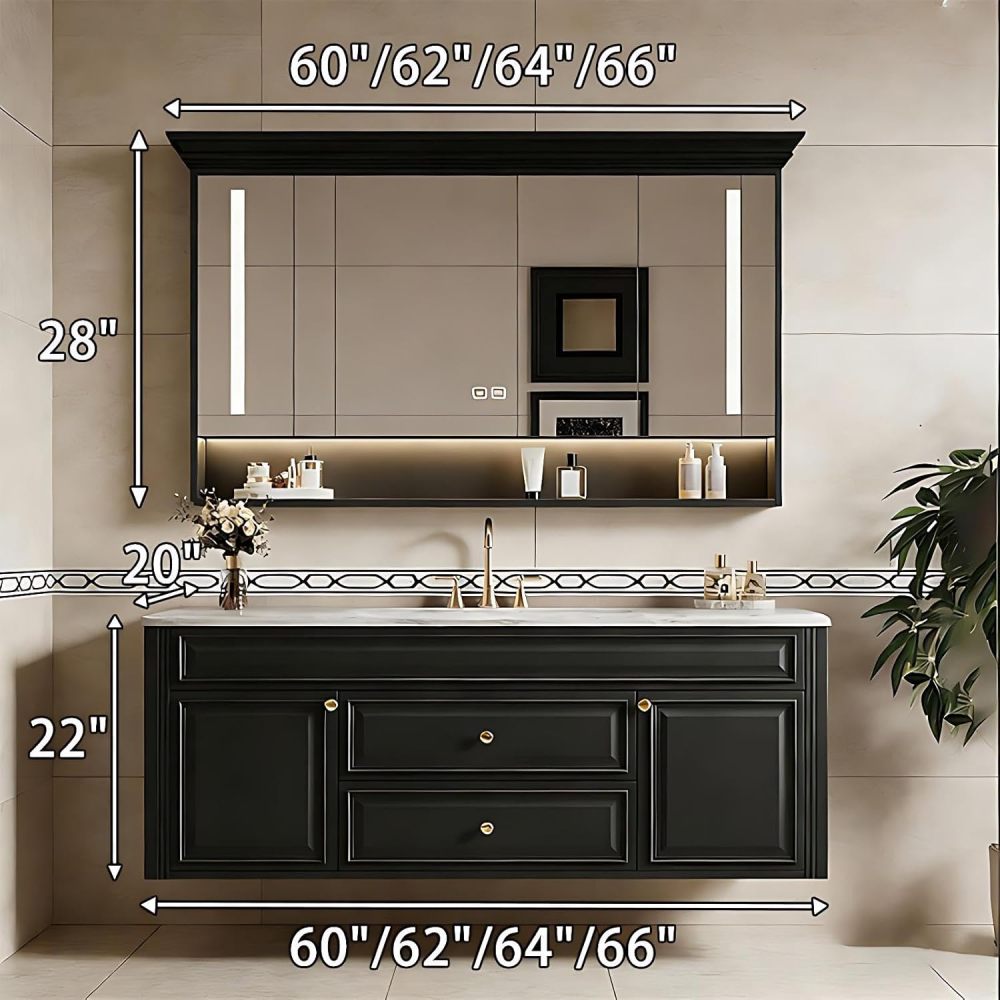 60IN Bathroom Vanity with Sink - Solid Wood Bathroom Vanity with Anti-Fog Mirror Cabinet, One-Touch Defog & Lighting, Sink Cabinet with 2 Drawers & 2 Doors, Black