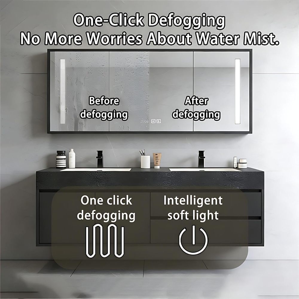 60IN Double Sink Bathroom Vanity - Luxury Bathroom Vanity with Anti-Fog Mirror Cabinet, One-Touch Defog & Lighting, Floating Sink Cabinet with 2 Drawers & 2 Doors, Black