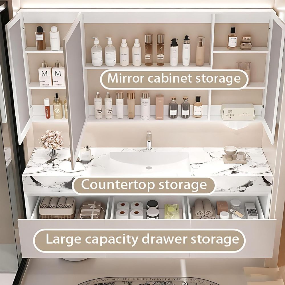 72IN Bathroom Vanity with Sink - 3 Drawers Solid Wood Bathroom Vanity Cabinet, Smart LED Defrost Mirror & Seamless Basin, Waterproof Finish, Complete Accessories, Fully Assembled, White