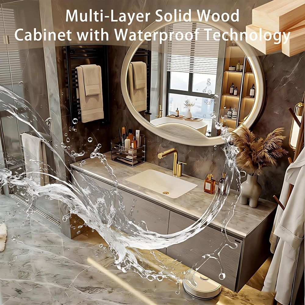 60IN Bathroom Vanity - Bathroom Vanity with Smart Defog Mirror, One-Touch Defog & Lighting, Floating Sink Cabinet with 3 Drawers, Multi-Layer Solid Wood, Wood