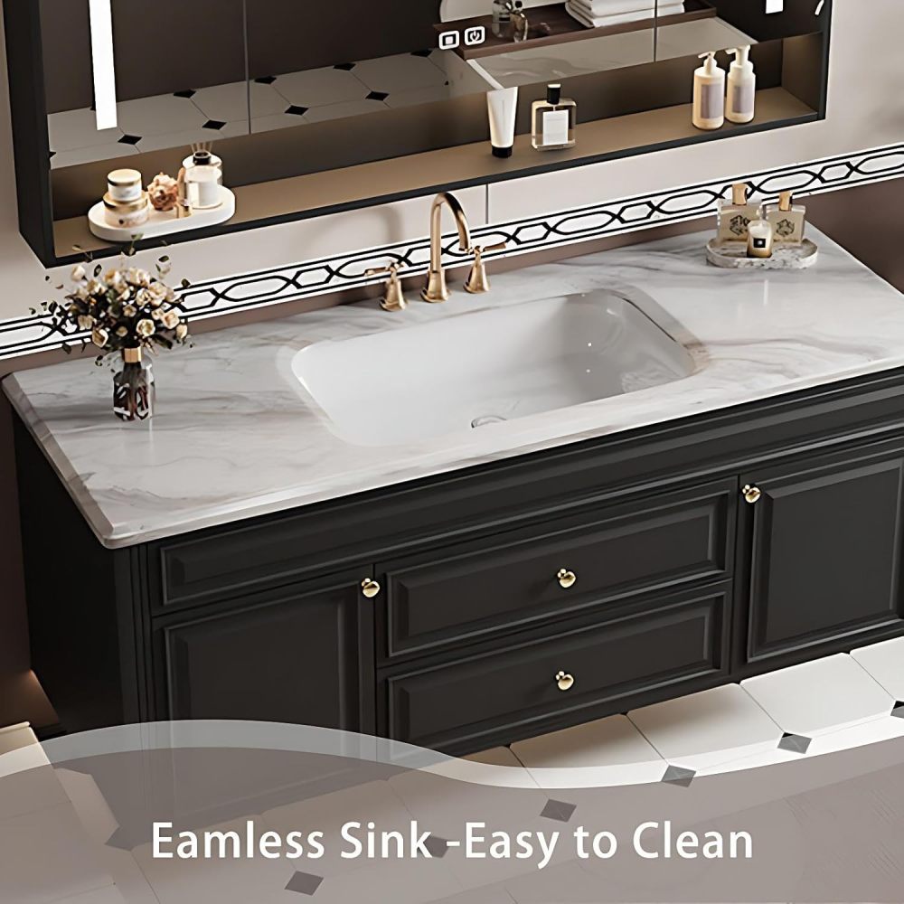 60IN Bathroom Vanity with Sink - Solid Wood Bathroom Vanity with Anti-Fog Mirror Cabinet, One-Touch Defog & Lighting, Sink Cabinet with 2 Drawers & 2 Doors, Black