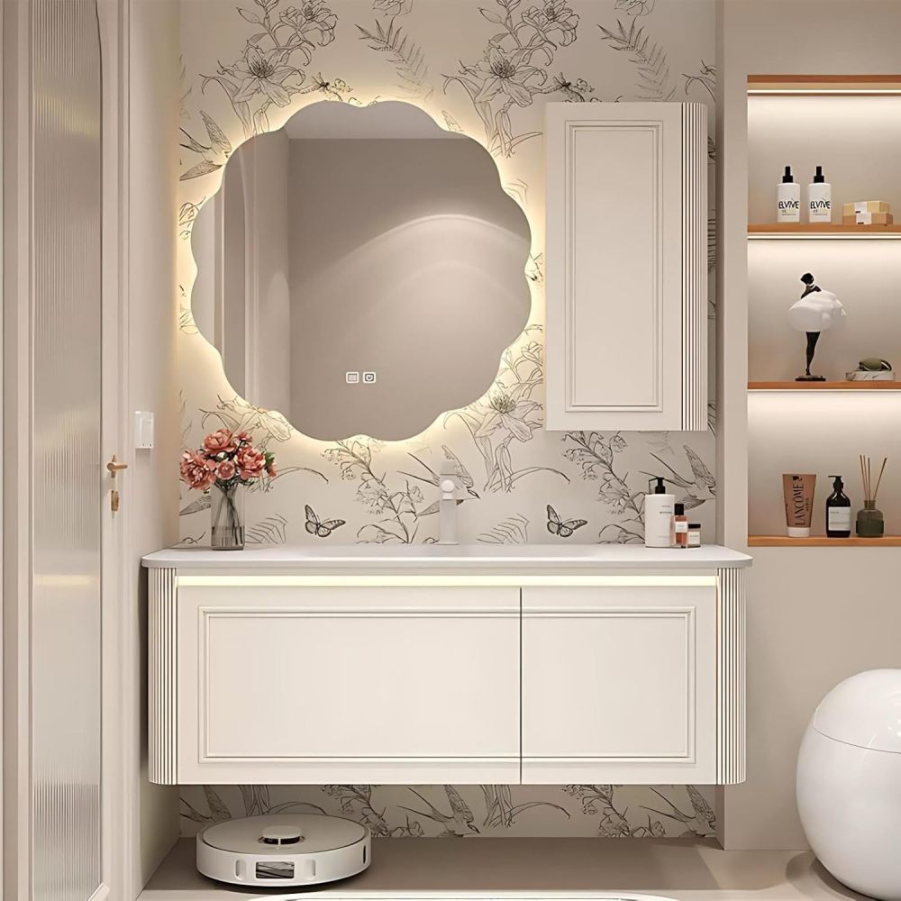 72IN Bathroom Vanity Set Sink - Wall Mounted Small Bathroom Vanity, Smart Anti-Fog Mirror, Waterproof Solid Wood Sink Cabinet, Complete Accessories, Fully Assembled, Off-White