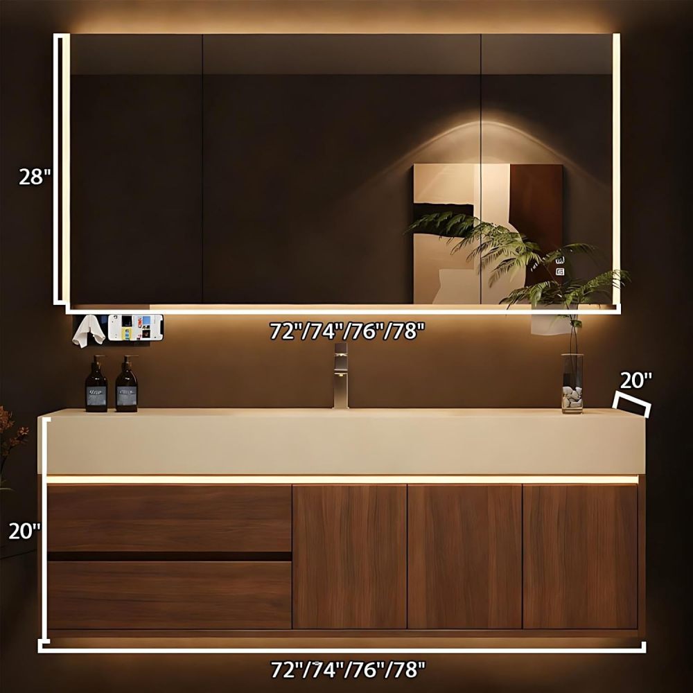 72IN Bathroom Vanity with Sink - Wall-Mounted Bathroom Vanity with Seamless Basin, Smart Anti-Fog LED Mirror, Waterproof Coating, Complete Accessories, Fully Assembled, Wood