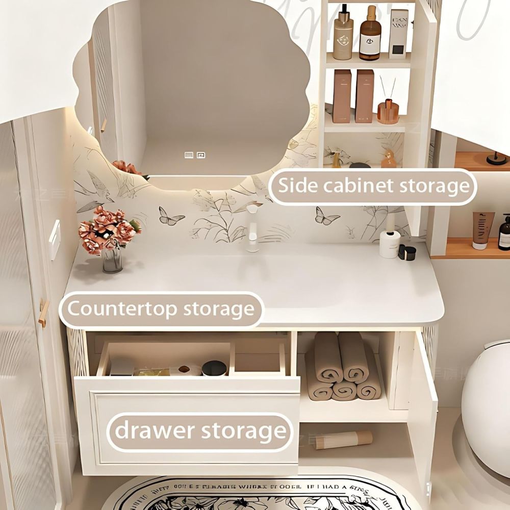 72IN Bathroom Vanity Set Sink - Wall Mounted Small Bathroom Vanity, Smart Anti-Fog Mirror, Waterproof Solid Wood Sink Cabinet, Complete Accessories, Fully Assembled, Off-White