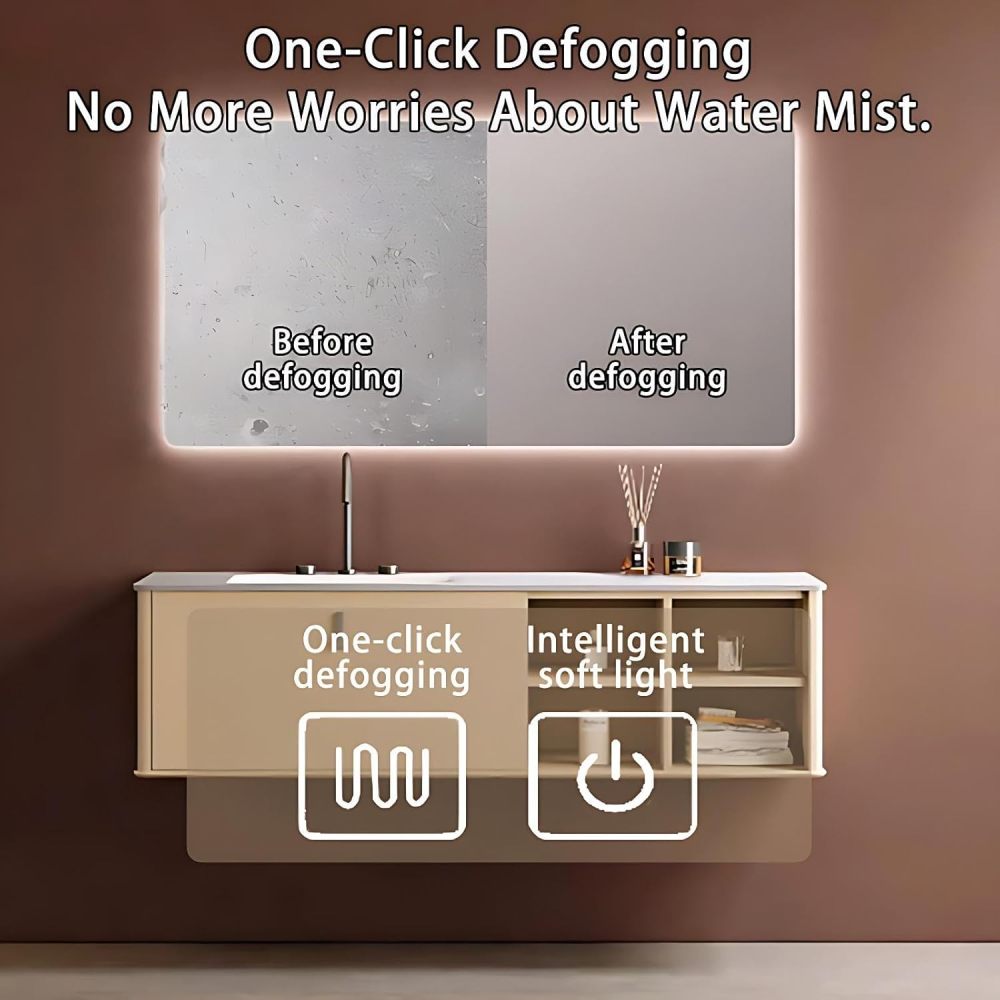 60IN Bathroom Vanity with Sink - Bathroom Vanity with Smart Defog Mirror, One-Touch Defog & Lighting, Solid Wood Sink Cabinet with Multiple Storage Areas,Curved Design, Khaki