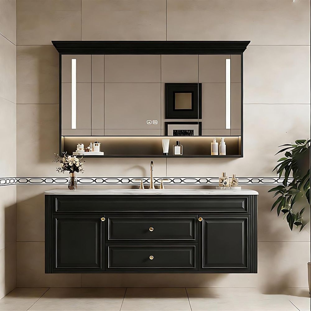 60IN Bathroom Vanity with Sink - Solid Wood Bathroom Vanity with Anti-Fog Mirror Cabinet, One-Touch Defog & Lighting, Sink Cabinet with 2 Drawers & 2 Doors, Black