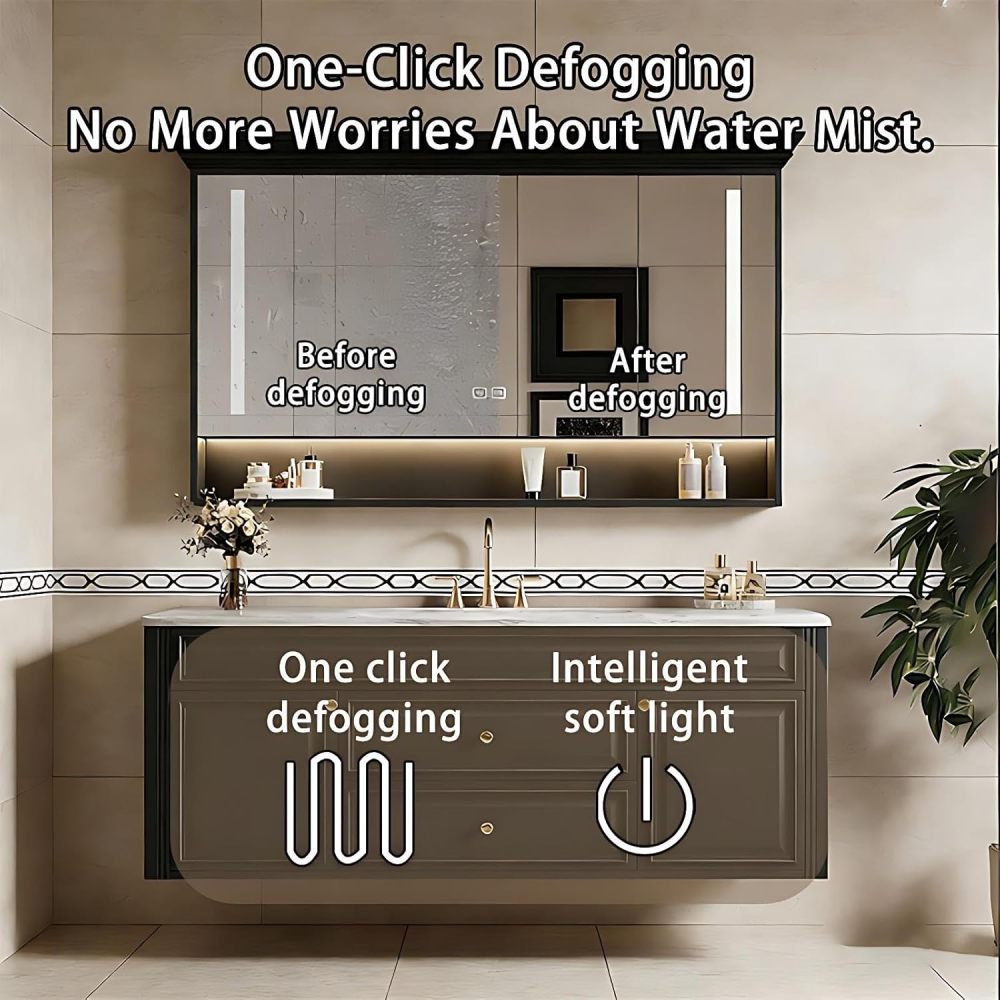 60IN Bathroom Vanity with Sink - Solid Wood Bathroom Vanity with Anti-Fog Mirror Cabinet, One-Touch Defog & Lighting, Sink Cabinet with 2 Drawers & 2 Doors, Khaki