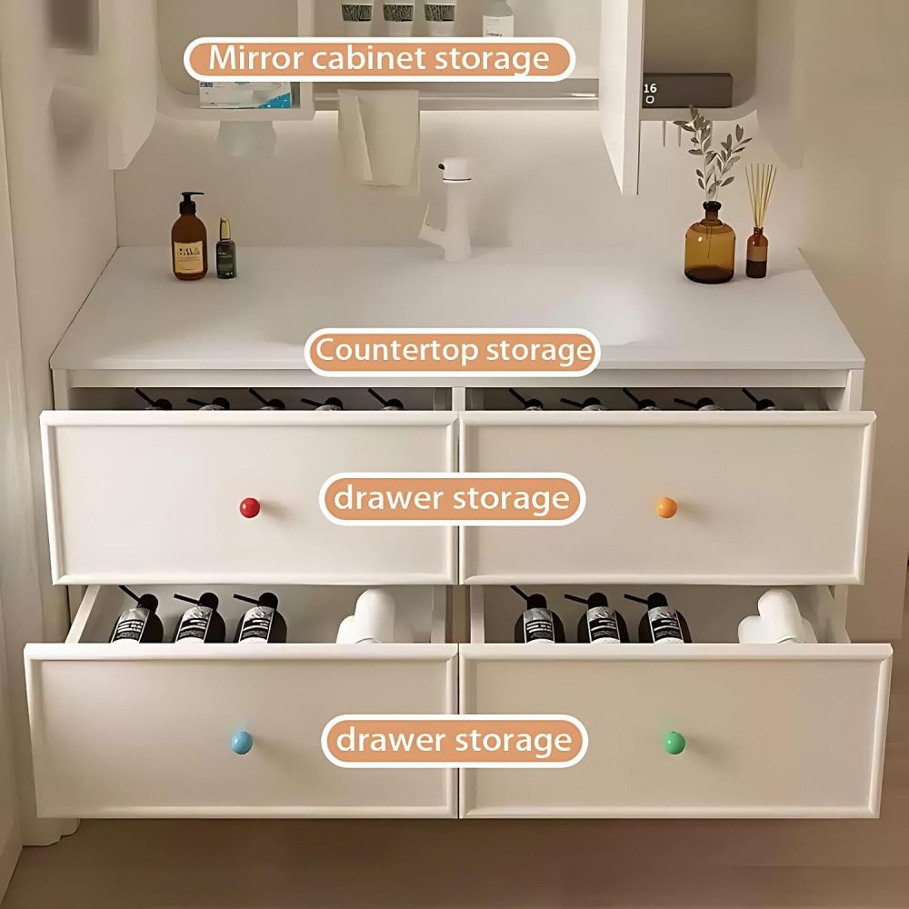 72IN Bathroom Vanity with Sink - Bathroom Vanity Set with Anti-Fog Mirror, Wood Waterproof Sink Cabinet, 4 Drawers, Wall-Mounted, Complete Accessorie, Fully Assembled, White