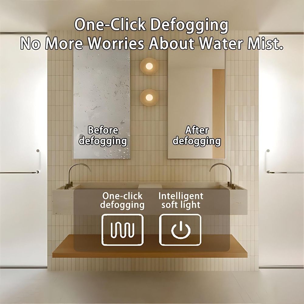 60IN Double Sink Bathroom Vanity - Simple Bathroom Vanity with Smart Defogging Mirror, One-Touch Defog & Lighting, Sink Cabinet with Open Shelving, Complete Accessories, Off-White