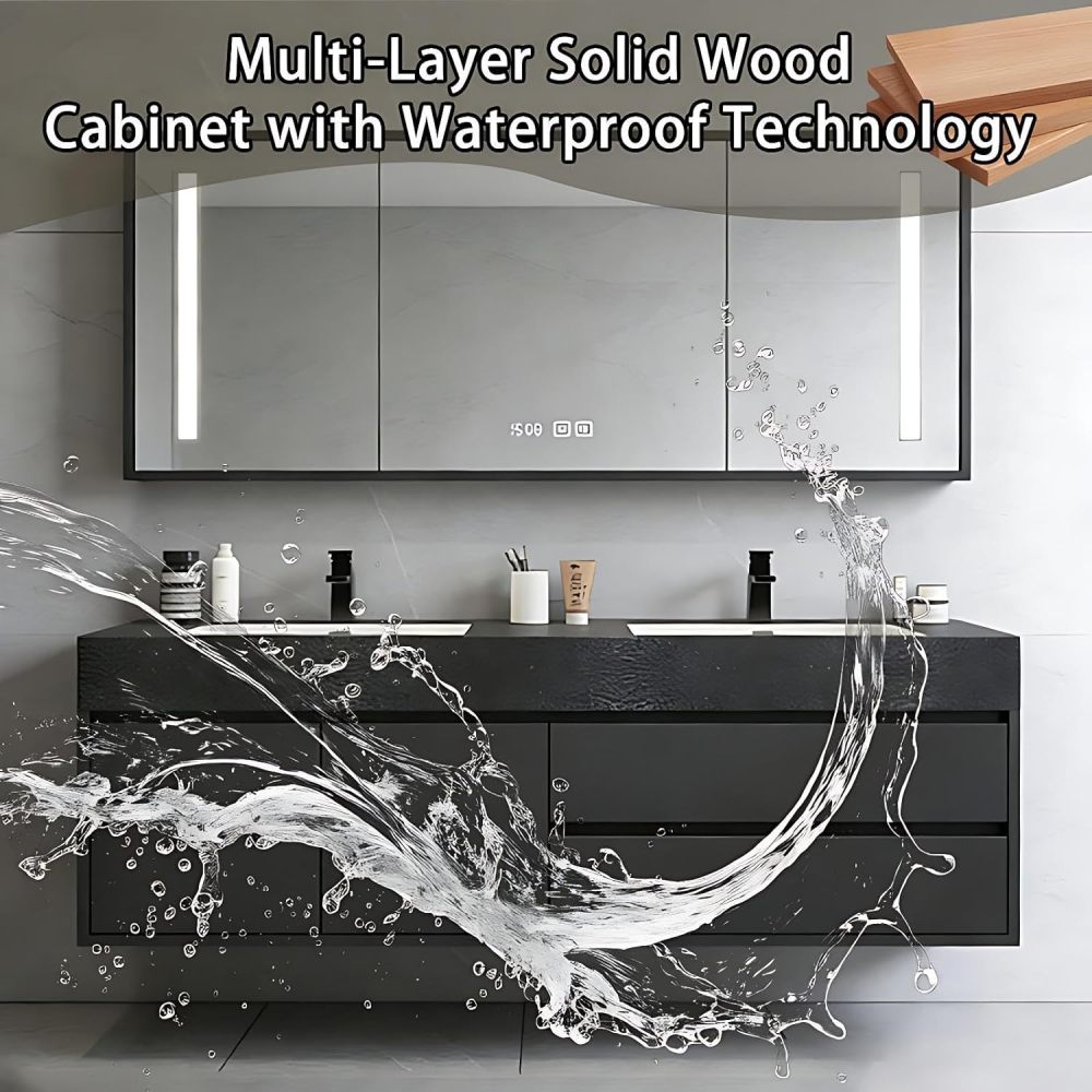 60IN Double Sink Bathroom Vanity - Luxury Bathroom Vanity with Anti-Fog Mirror Cabinet, One-Touch Defog & Lighting, Floating Sink Cabinet with 2 Drawers & 2 Doors, Black