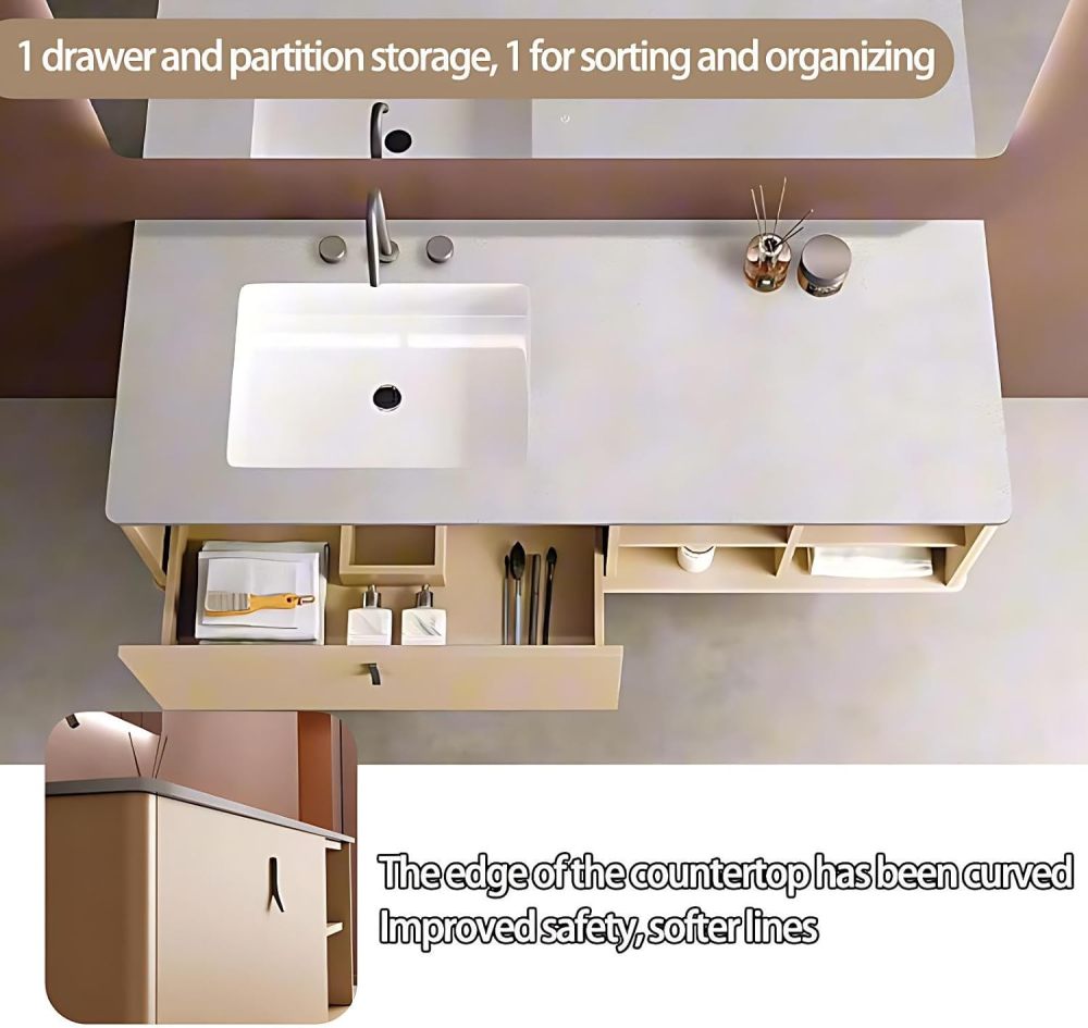 60IN Bathroom Vanity with Sink - Bathroom Vanity with Smart Defog Mirror, One-Touch Defog & Lighting, Solid Wood Sink Cabinet with Multiple Storage Areas,Curved Design, Khaki