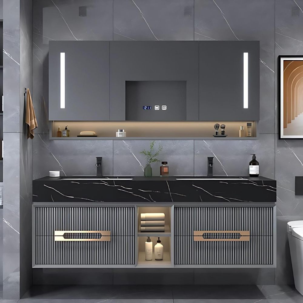 60IN Double Sink Bathroom Vanity - Luxury Bathroom Vanity with Anti-Fog Mirror Cabinet, One-Touch Defog & Lighting, Sink Cabinet with 4 Drawers & Open Storage Space, Grey