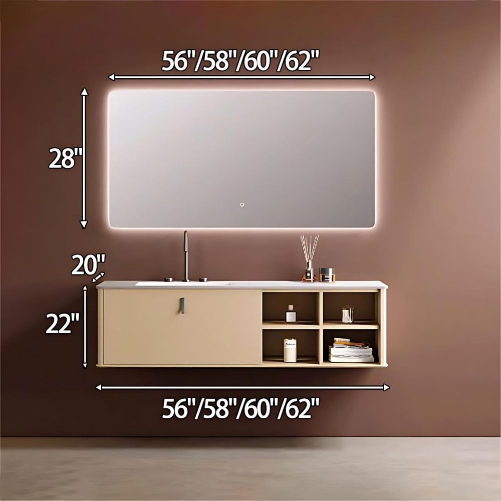 60IN Bathroom Vanity with Sink - Bathroom Vanity with Smart Defog Mirror, One-Touch Defog & Lighting, Solid Wood Sink Cabinet with Multiple Storage Areas,Curved Design, Khaki