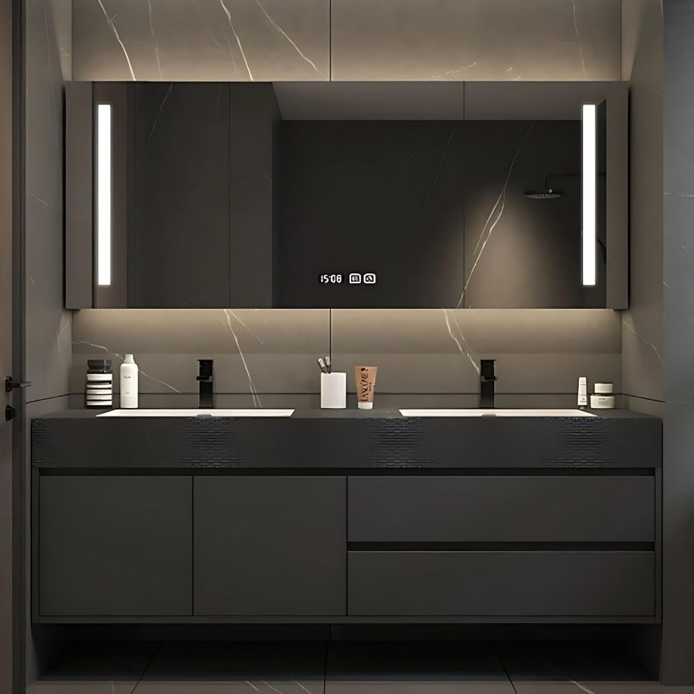 60IN Double Sink Bathroom Vanity - Luxury Bathroom Vanity with Anti-Fog Mirror Cabinet, One-Touch Defog & Lighting, Floating Sink Cabinet with 2 Drawers & 2 Doors, Black