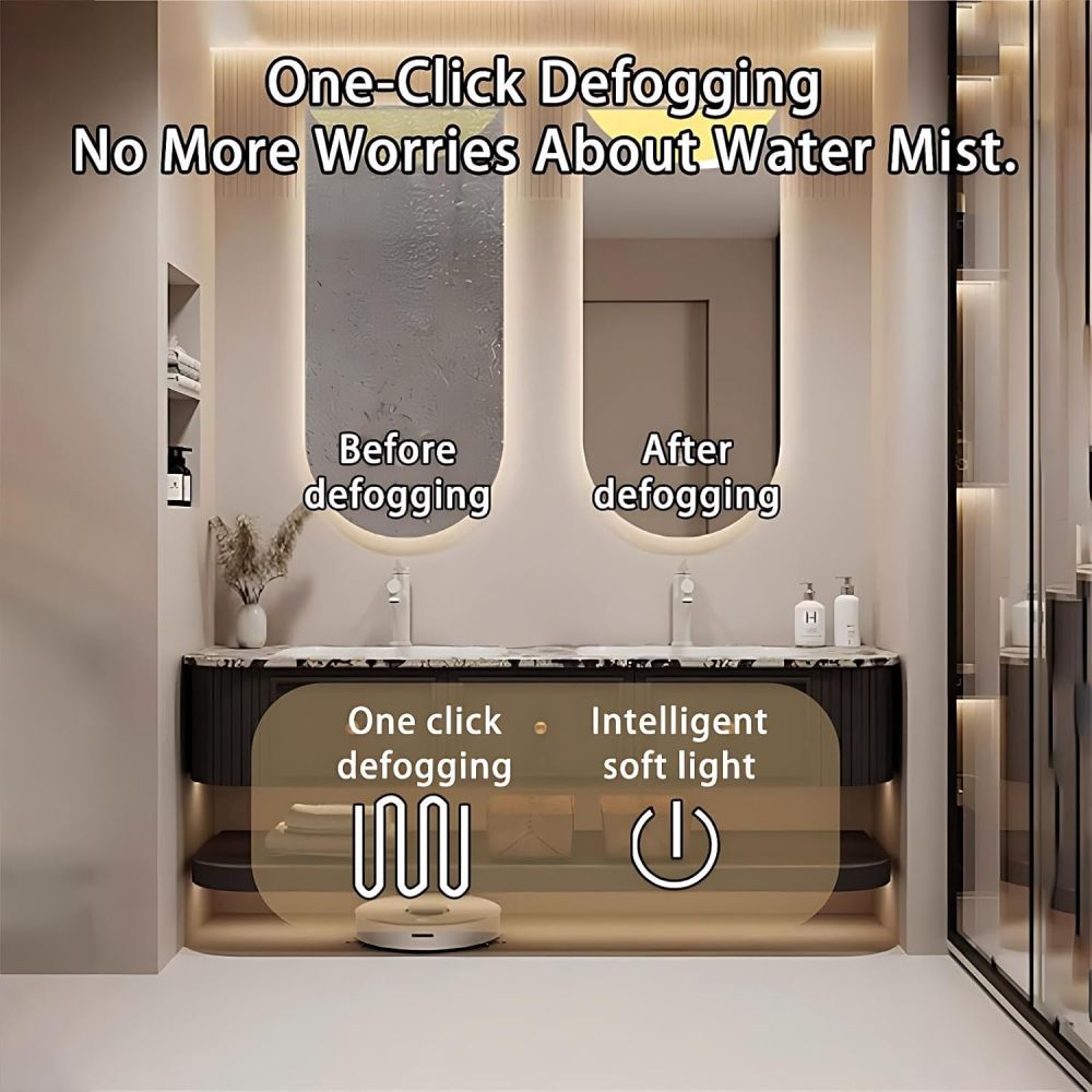60IN Double Sink Bathroom Vanity - Floating Bathroom Vanity with 2 Smart Defogger Mirror, One-Touch Defog & Lighting, Sink Cabinet with 3 Drawers & Open Storage Space, White