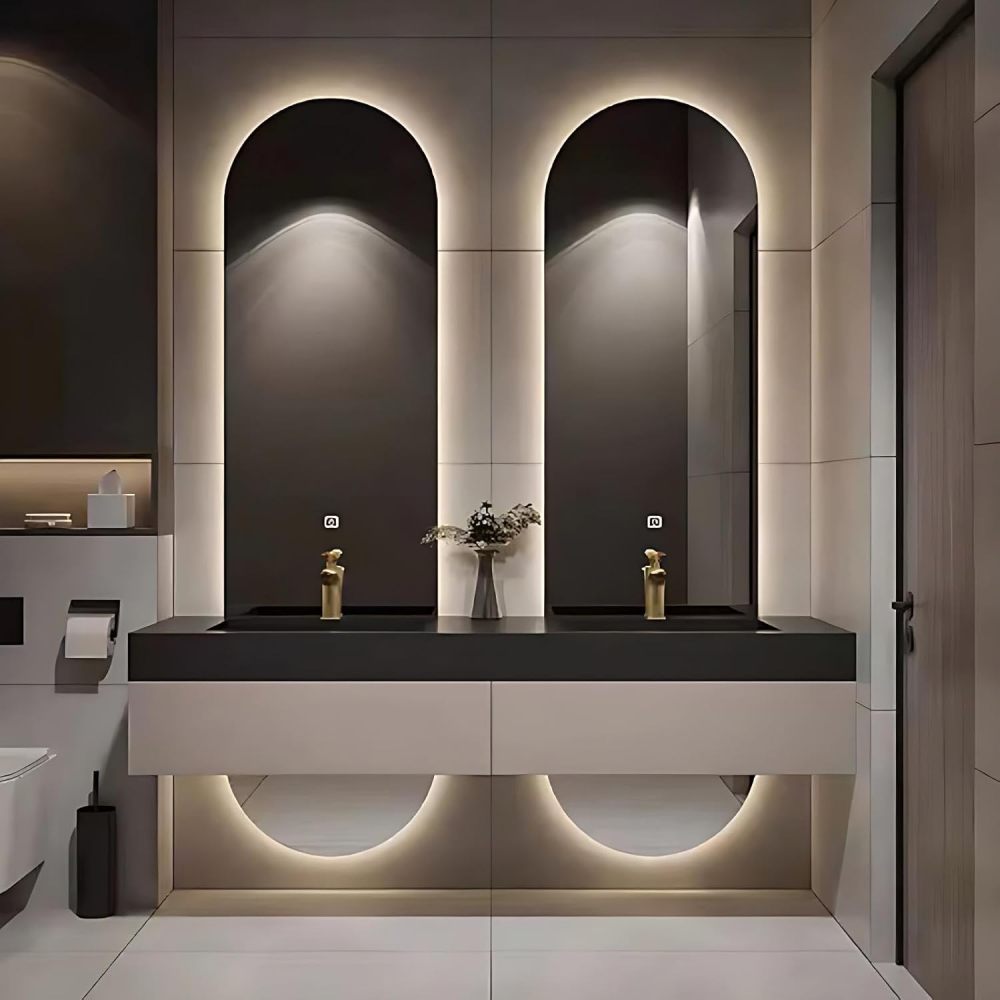 60IN Double Sink Bathroom Vanity - Floating Bathroom Vanity with 2 Smart Defogger Mirror & 2 Drawers, One-Touch Defog & Lighting, Modern Sink Cabinet, Khaki - Mirror