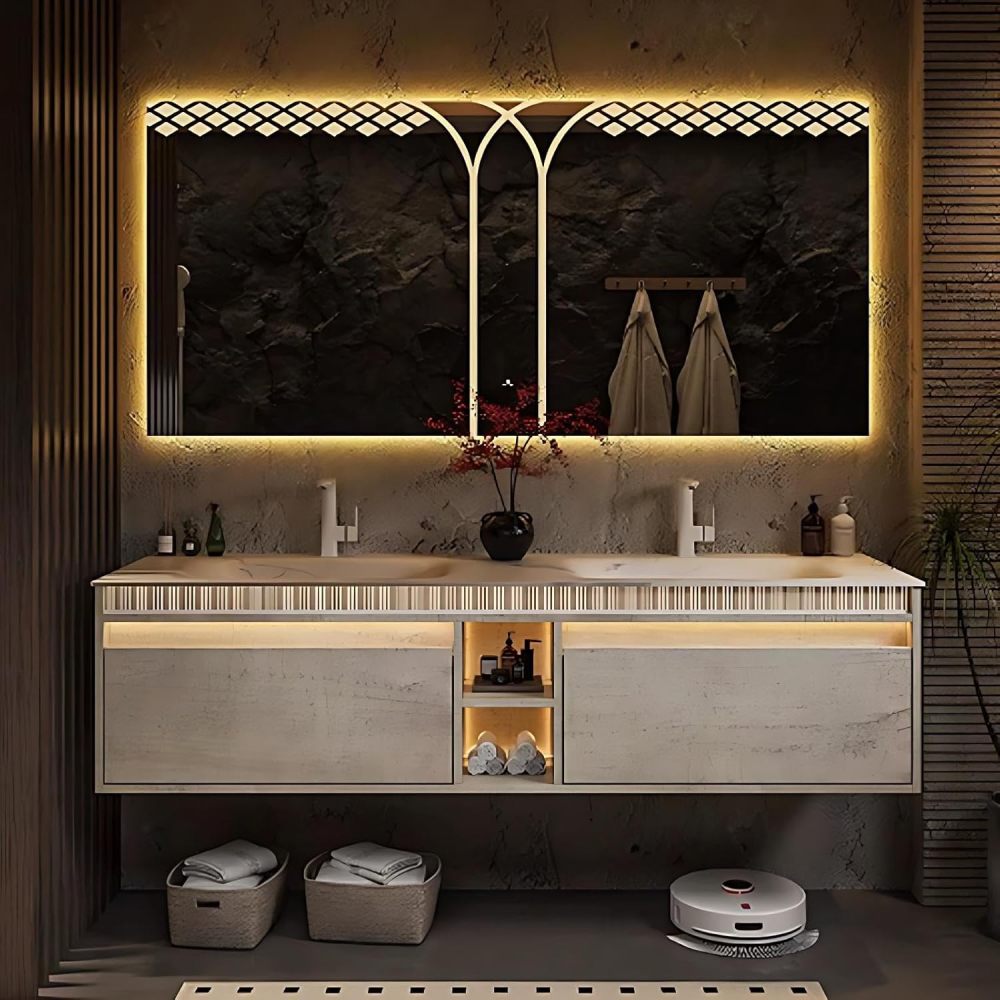 60IN Double Sink Bathroom Vanity - Luxury Bathroom Vanity with Smart Defogger Mirror, One-Touch Defog & Lighting, Sink Cabinet with 2 Drawers & Open Storage Compartments, White