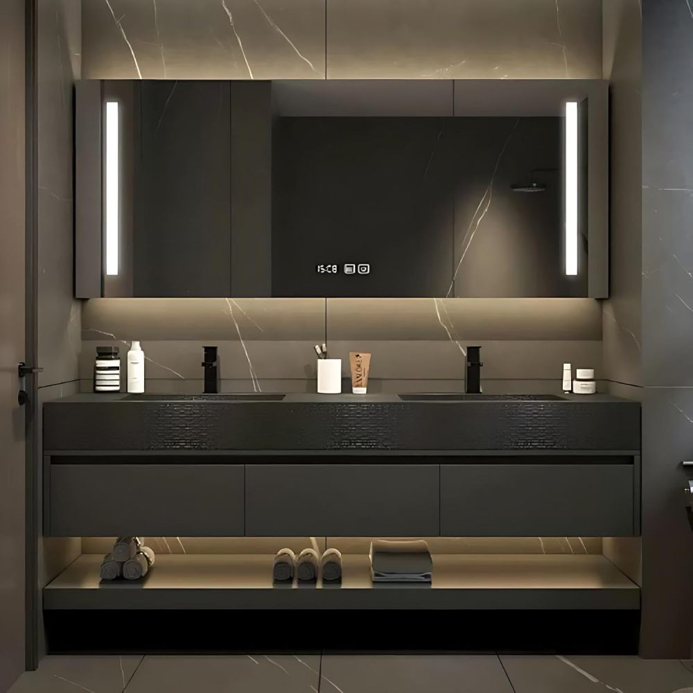 60IN Double Sink Bathroom Vanity - Modern Bathroom Vanity with Anti-Fog Mirror Cabinet, One-Touch Defog & Lighting, Sink Cabinet with 3 Drawers & Open Storage Space, Black