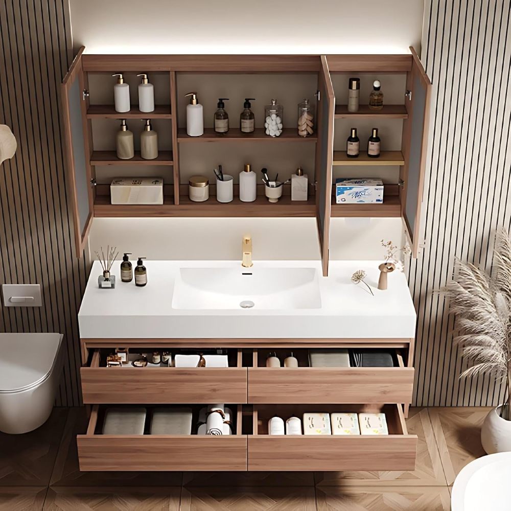 60IN Bathroom Vanity - Solid Wood Bathroom Vanity with Smart Defogger Mirror & 4 Drawers, One-Touch Defog & Lighting, Sink Cabinet with One-Piece Sink, Wood - Mirror Cabinet