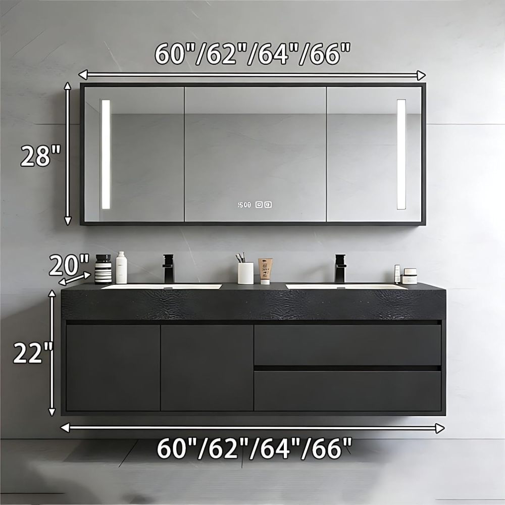60IN Double Sink Bathroom Vanity - Luxury Bathroom Vanity with Anti-Fog Mirror Cabinet, One-Touch Defog & Lighting, Floating Sink Cabinet with 2 Drawers & 2 Doors, Black
