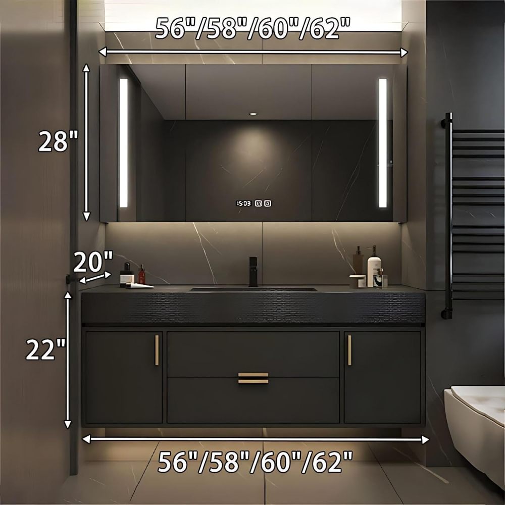 60IN Bathroom Vanity with Sink - Luxury Bathroom Vanity with Anti-Fog Mirror Cabinet, One-Touch Defog & Lighting, Sink Cabinet with Drawers & Doors, No Assembly Required, Black