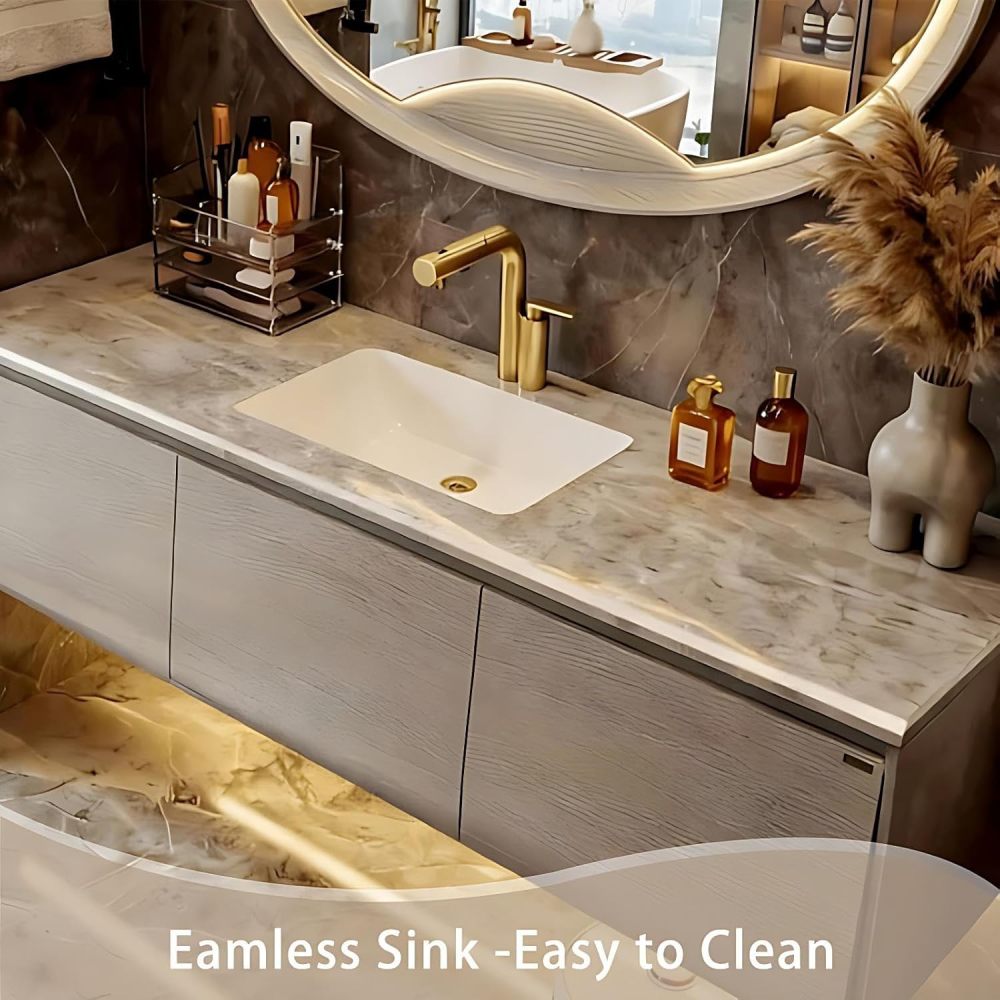 60IN Bathroom Vanity - Bathroom Vanity with Smart Defog Mirror, One-Touch Defog & Lighting, Floating Sink Cabinet with 3 Drawers, Multi-Layer Solid Wood, Wood