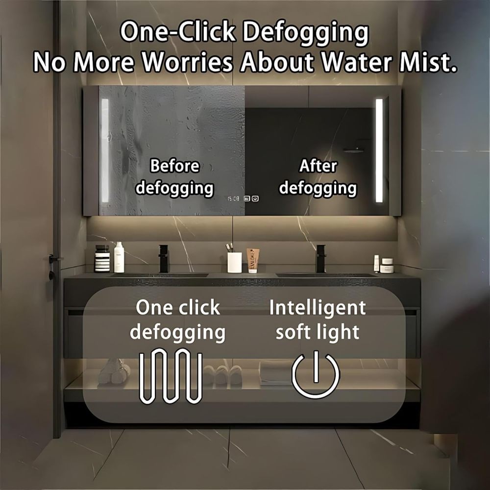 60IN Double Sink Bathroom Vanity - Modern Bathroom Vanity with Anti-Fog Mirror Cabinet, One-Touch Defog & Lighting, Sink Cabinet with 3 Drawers & Open Storage Space, Wood