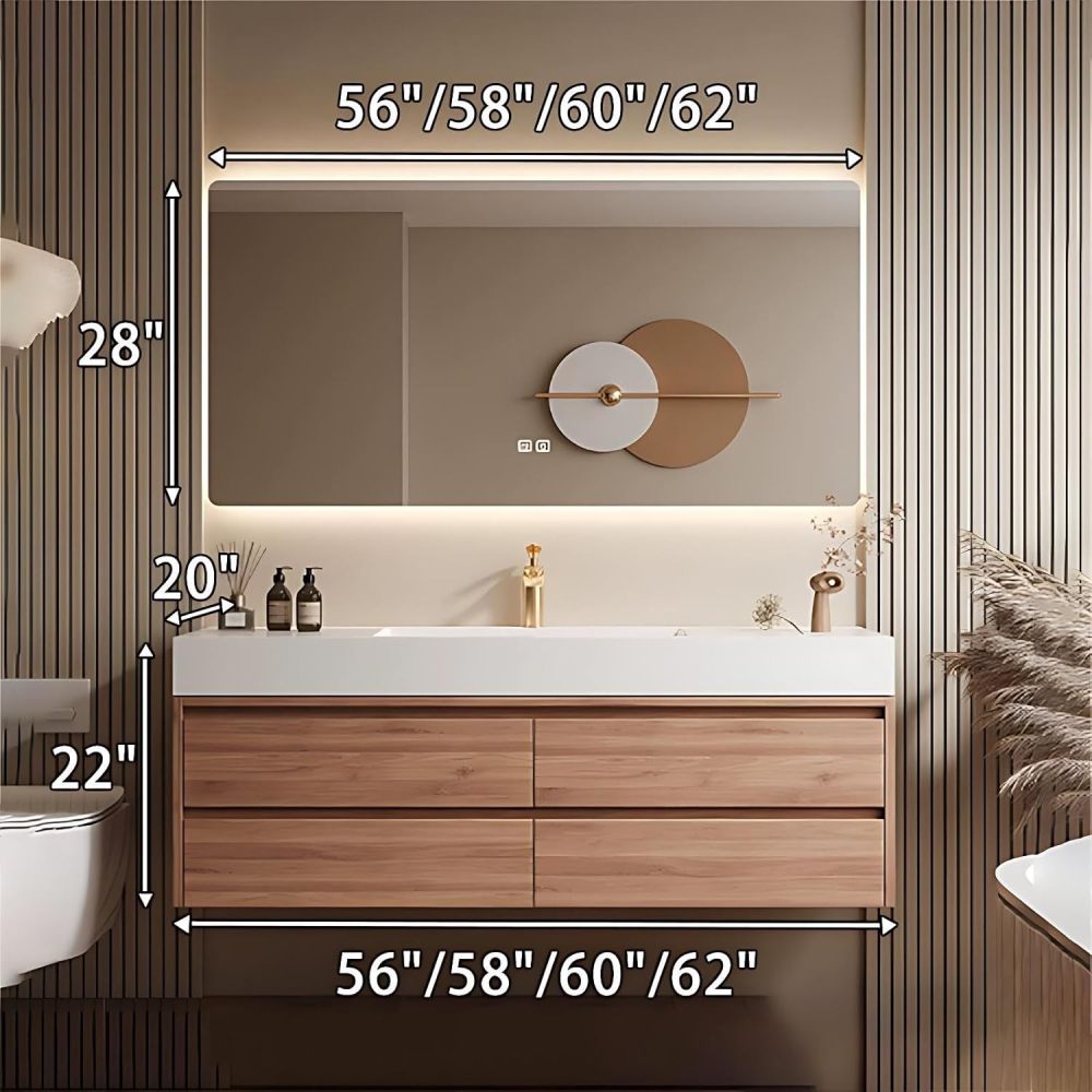 60IN Bathroom Vanity - Solid Wood Bathroom Vanity with Smart Defogger Mirror & 4 Drawers, One-Touch Defog & Lighting, Sink Cabinet with One-Piece Sink, Wood - Mirror Cabinet