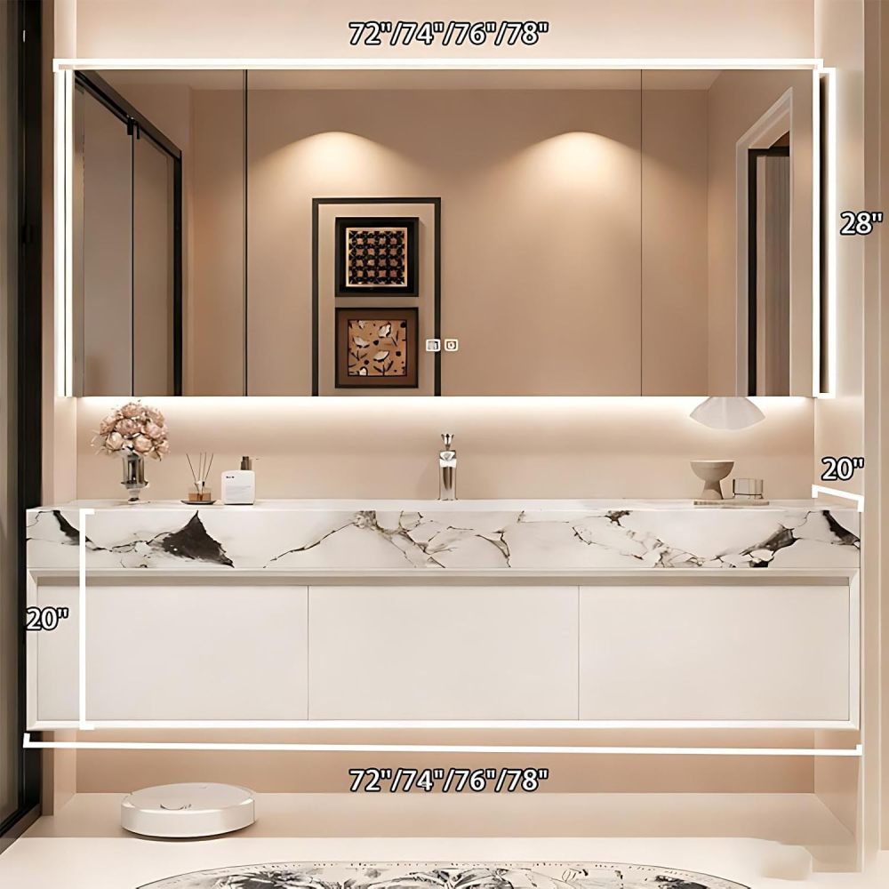 72IN Bathroom Vanity with Sink - 3 Drawers Solid Wood Bathroom Vanity Cabinet, Smart LED Defrost Mirror & Seamless Basin, Waterproof Finish, Complete Accessories, Fully Assembled, White