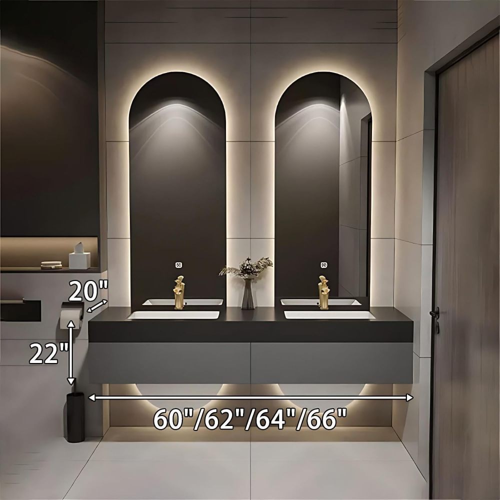 60IN Double Sink Bathroom Vanity - Floating Bathroom Vanity with 2 Smart Defogger Mirror & 2 Drawers, One-Touch Defog & Lighting, Modern Sink Cabinet, Khaki - Mirror