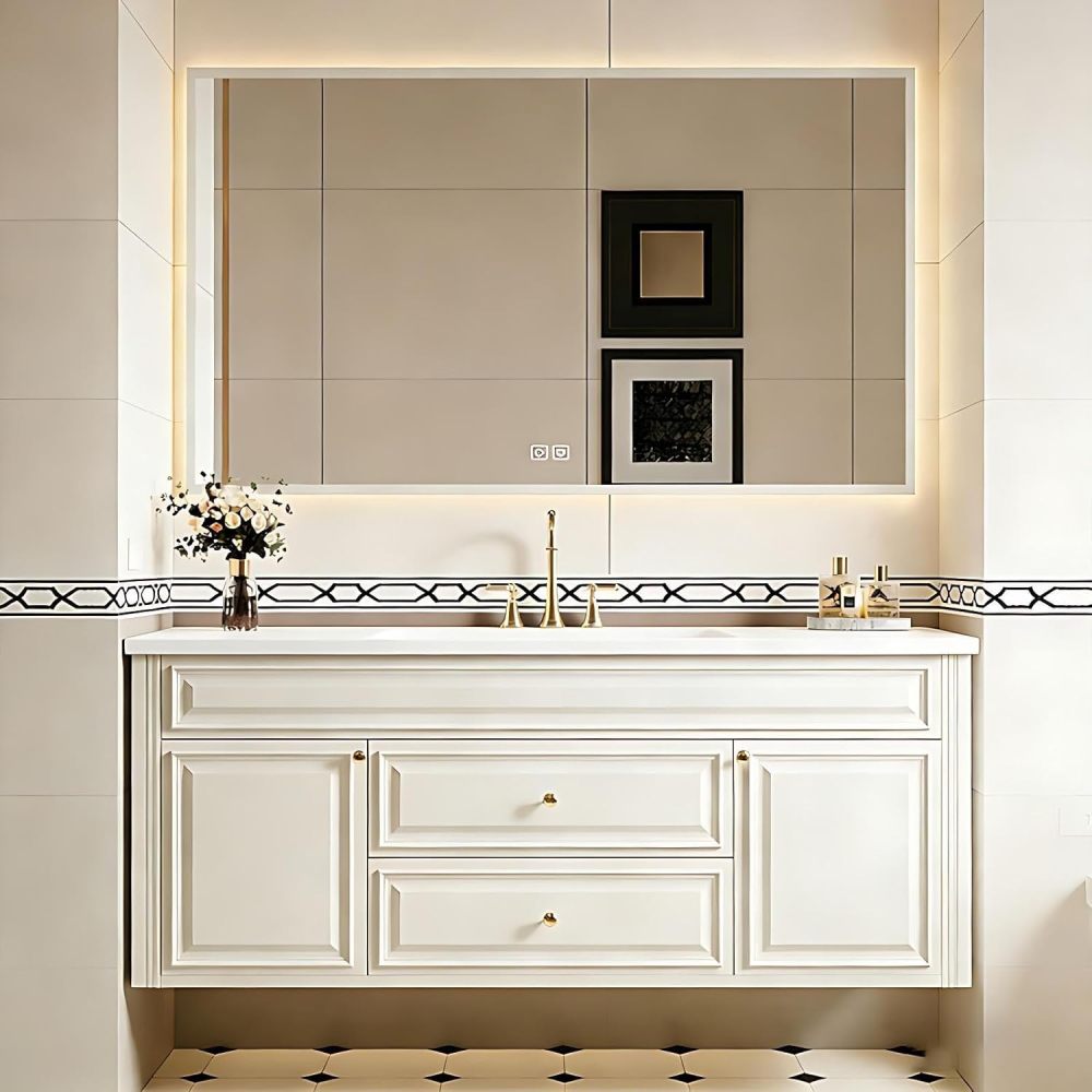 60IN Bathroom Vanity with Sink - Solid Wood Bathroom Vanity with Anti-Fog Mirror Cabinet, One-Touch Defog & Lighting, Sink Cabinet with 2 Drawers & 2 Doors, White