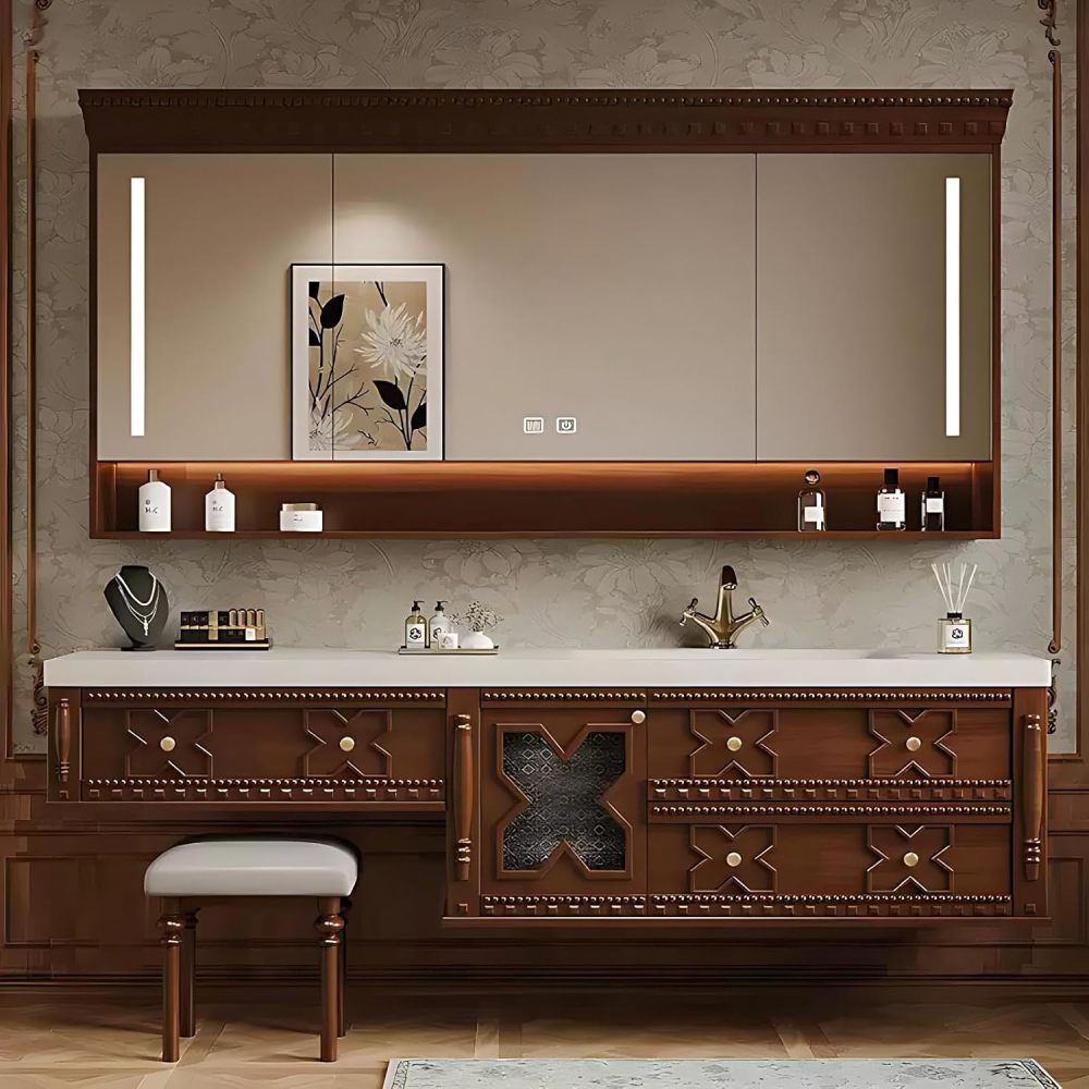 72IN Bathroom Vanity with Sink - Sink Cabinet with 3 Drawers, Solid Wood, Anti-Fog Mirror, Waterproof Finish, Complete Accessories, Fully Assembled, Includes Makeup Stool, Wood