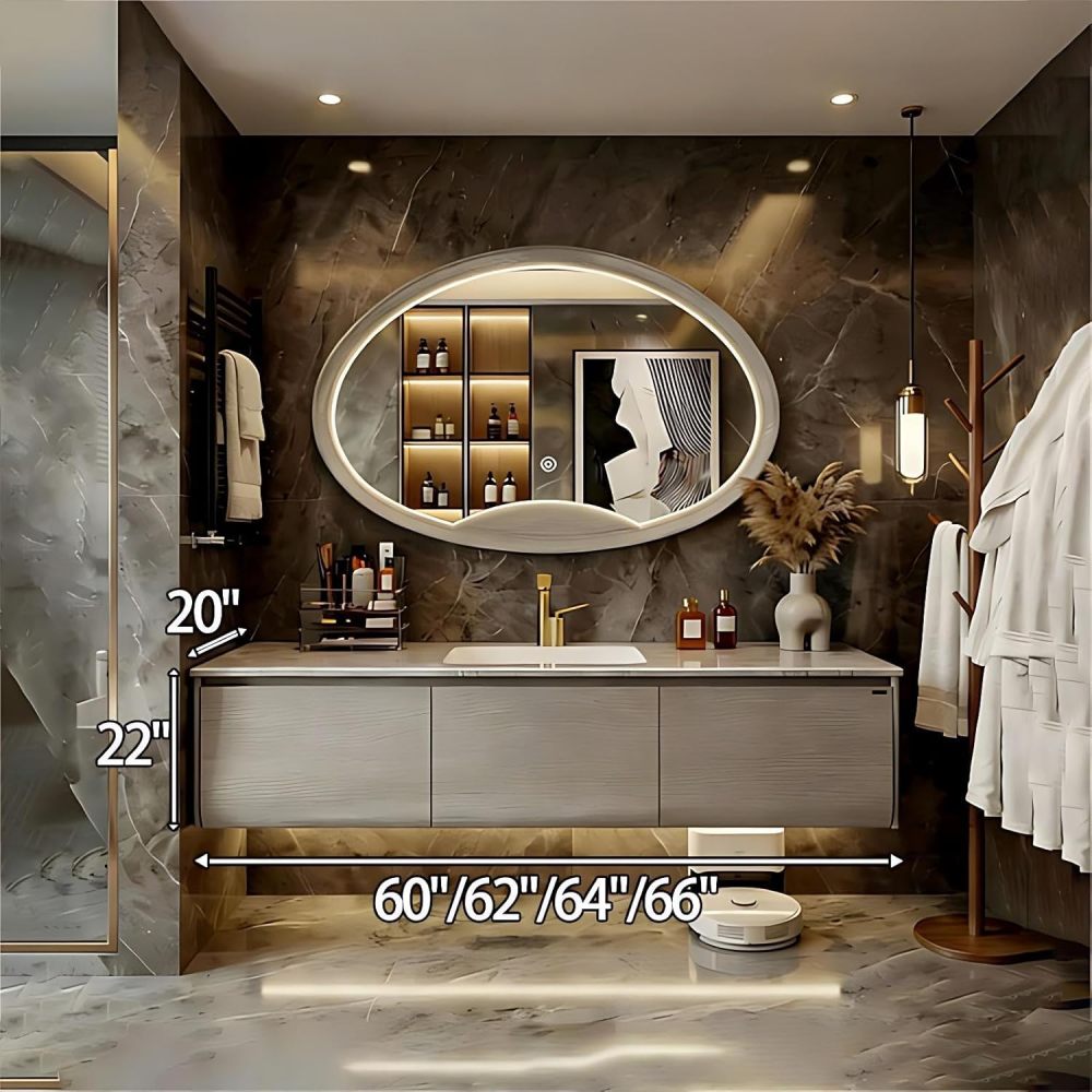 60IN Bathroom Vanity - Bathroom Vanity with Smart Defog Mirror, One-Touch Defog & Lighting, Floating Sink Cabinet with 3 Drawers, Multi-Layer Solid Wood, Wood