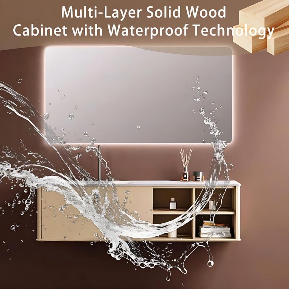 60IN Bathroom Vanity with Sink - Bathroom Vanity with Smart Defog Mirror, One-Touch Defog & Lighting, Solid Wood Sink Cabinet with Multiple Storage Areas,Curved Design, Khaki