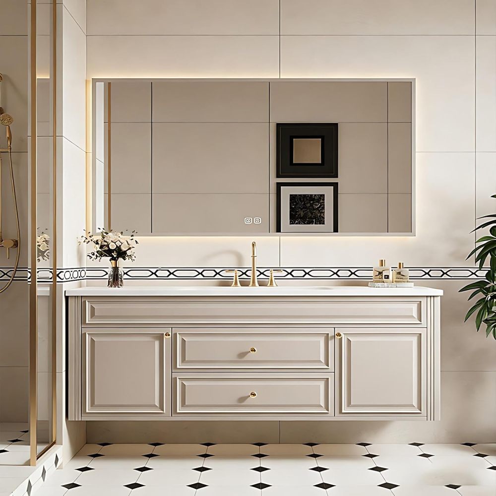 60IN Bathroom Vanity with Sink - Solid Wood Bathroom Vanity with Anti-Fog Mirror Cabinet, One-Touch Defog & Lighting, Sink Cabinet with 2 Drawers & 2 Doors, Khaki