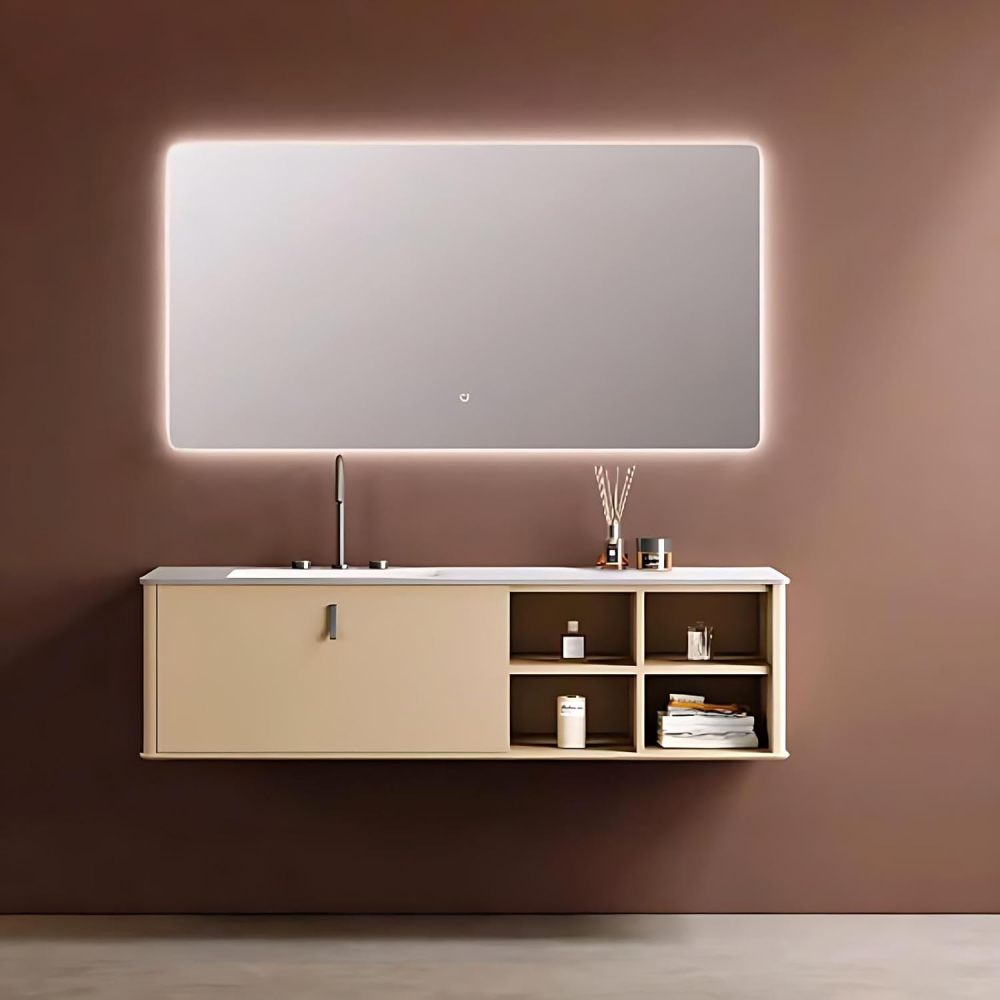 60IN Bathroom Vanity with Sink - Bathroom Vanity with Smart Defog Mirror, One-Touch Defog & Lighting, Solid Wood Sink Cabinet with Multiple Storage Areas,Curved Design, Khaki