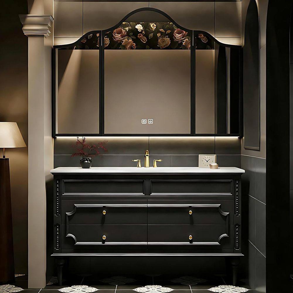 60IN Bathroom Vanity - Bathroom Vanity with Smart Defog Mirror Cabinet, Floor Mount Sink Cabinet with 4 Drawers & Seamless Sink, Multi-Layer Solid Wood, Black