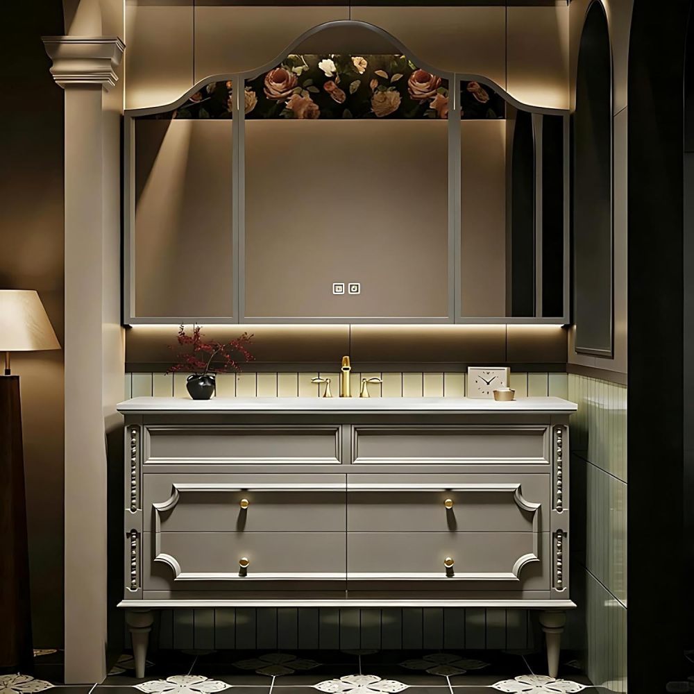 60IN Bathroom Vanity - Bathroom Vanity with Smart Defog Mirror Cabinet, Floor Mount Sink Cabinet with 4 Drawers & Seamless Sink, Multi-Layer Solid Wood, Grey