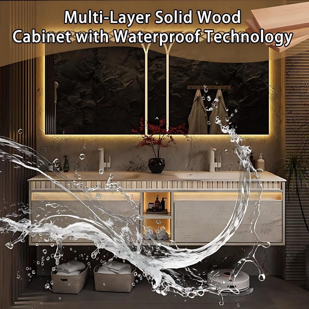 60IN Double Sink Bathroom Vanity - Luxury Bathroom Vanity with Smart Defogger Mirror, One-Touch Defog & Lighting, Sink Cabinet with 2 Drawers & Open Storage Compartments, Wood