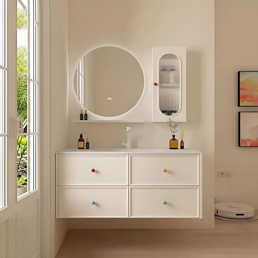 72IN Bathroom Vanity with Sink - Bathroom Vanity Set with Anti-Fog Mirror, Wood Waterproof Sink Cabinet, 4 Drawers, Wall-Mounted, Complete Accessorie, Fully Assembled, White