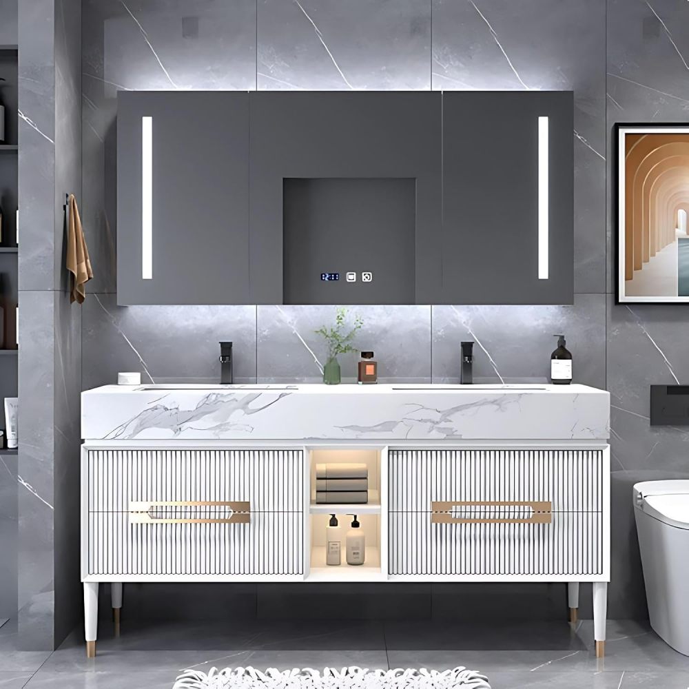 60IN Double Sink Bathroom Vanity - Luxury Bathroom Vanity with Anti-Fog Mirror Cabinet, One-Touch Defog & Lighting, Sink Cabinet with 4 Drawers & Open Storage Space, White