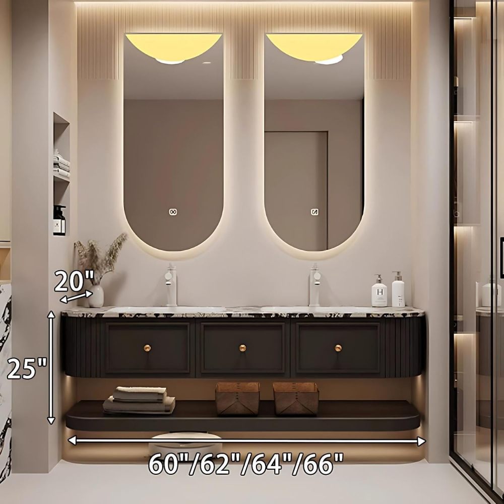 60IN Double Sink Bathroom Vanity - Floating Bathroom Vanity with 2 Smart Defogger Mirror, One-Touch Defog & Lighting, Sink Cabinet with 3 Drawers & Open Storage Space, Black