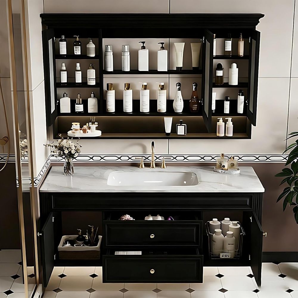 60IN Bathroom Vanity with Sink - Solid Wood Bathroom Vanity with Anti-Fog Mirror Cabinet, One-Touch Defog & Lighting, Sink Cabinet with 2 Drawers & 2 Doors, Black