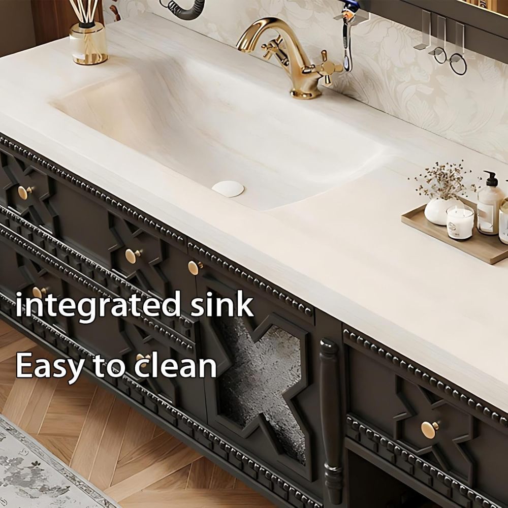 72IN Bathroom Vanity with Sink - Sink Cabinet with 3 Drawers, Solid Wood, Anti-Fog Mirror, Waterproof Finish, Complete Accessories, Fully Assembled, Includes Makeup Stool, Wood