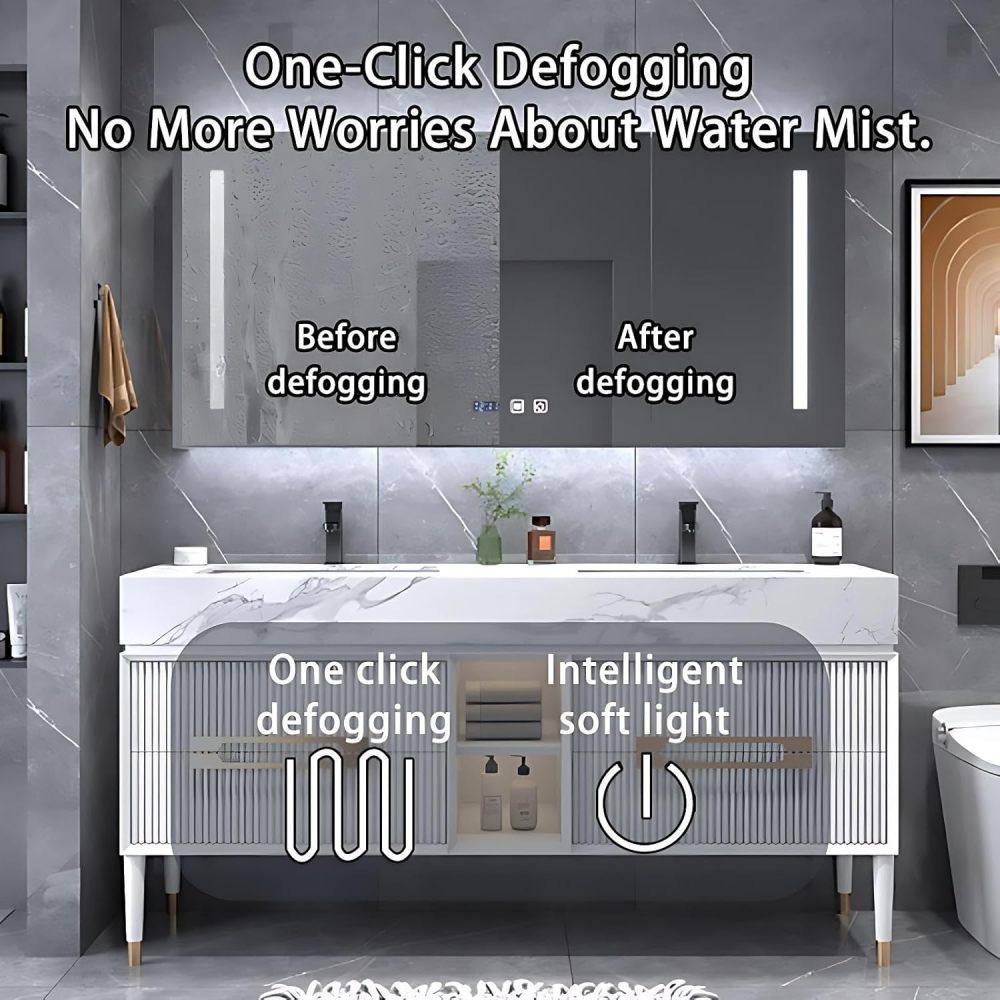 60IN Double Sink Bathroom Vanity - Luxury Bathroom Vanity with Anti-Fog Mirror Cabinet, One-Touch Defog & Lighting, Sink Cabinet with 4 Drawers & Open Storage Space, Grey