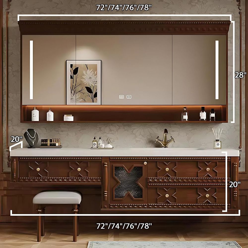72IN Bathroom Vanity with Sink - Sink Cabinet with 3 Drawers, Solid Wood, Anti-Fog Mirror, Waterproof Finish, Complete Accessories, Fully Assembled, Includes Makeup Stool, Wood
