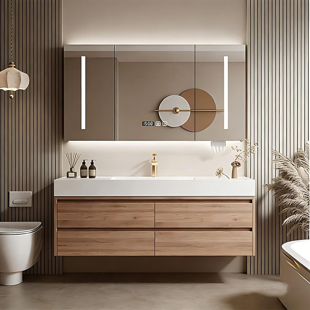 60IN Bathroom Vanity - Solid Wood Bathroom Vanity with Smart Defogger Mirror & 4 Drawers, One-Touch Defog & Lighting, Sink Cabinet with One-Piece Sink, Wood - Mirror Cabinet
