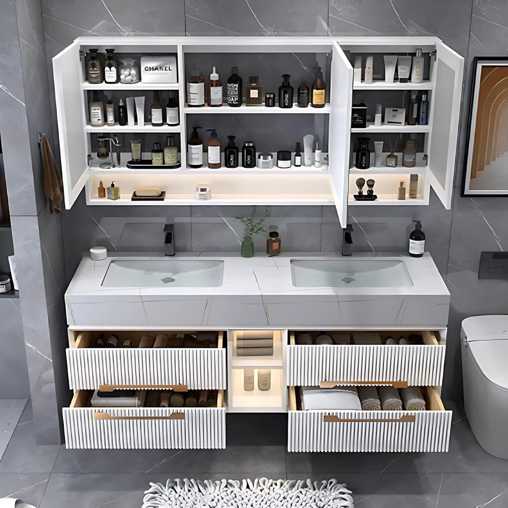 60IN Double Sink Bathroom Vanity - Luxury Bathroom Vanity with Anti-Fog Mirror Cabinet, One-Touch Defog & Lighting, Sink Cabinet with 4 Drawers & Open Storage Space, Grey
