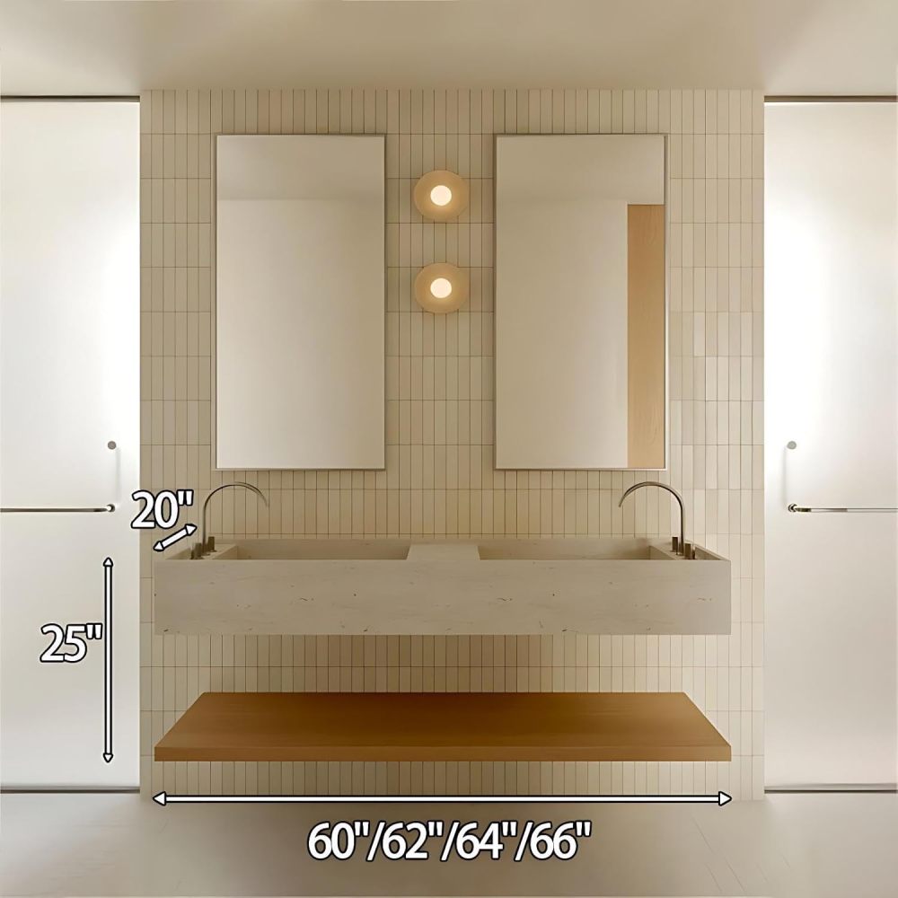 60IN Double Sink Bathroom Vanity - Simple Bathroom Vanity with Smart Defogging Mirror, One-Touch Defog & Lighting, Sink Cabinet with Open Shelving, Complete Accessories, Off-White